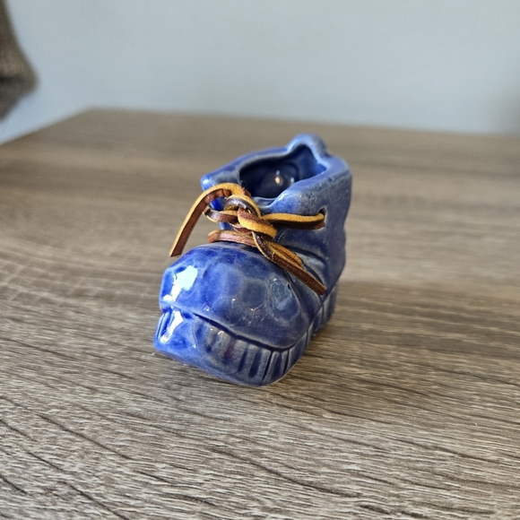 Miniature Ceramic Blue Boot Shoe with Laces Decor Toothpick Holder Vintage - Picture 2 of 4